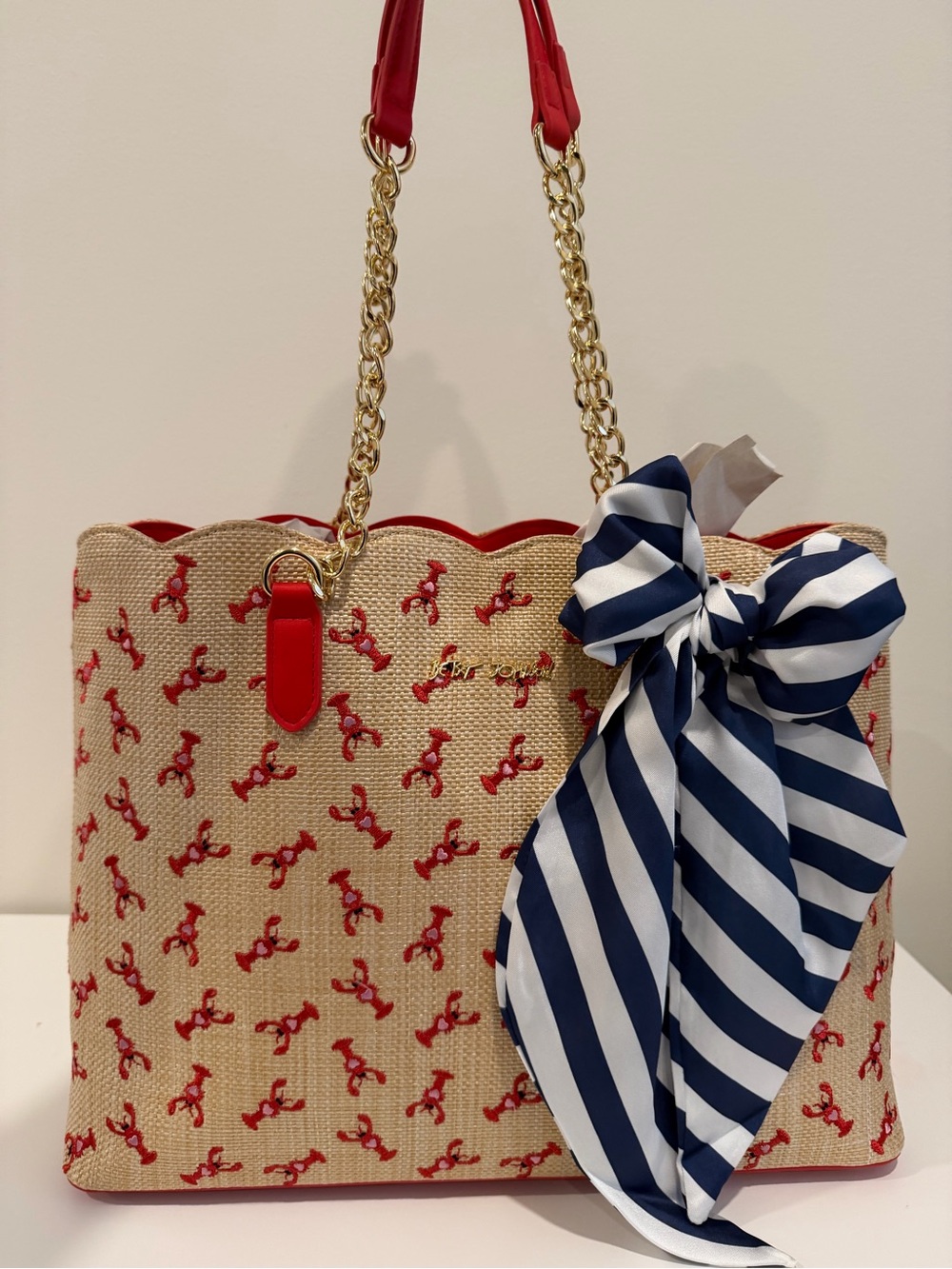 Betsey Johnson Red and Beige Scalloped Tote with Nautical Bow